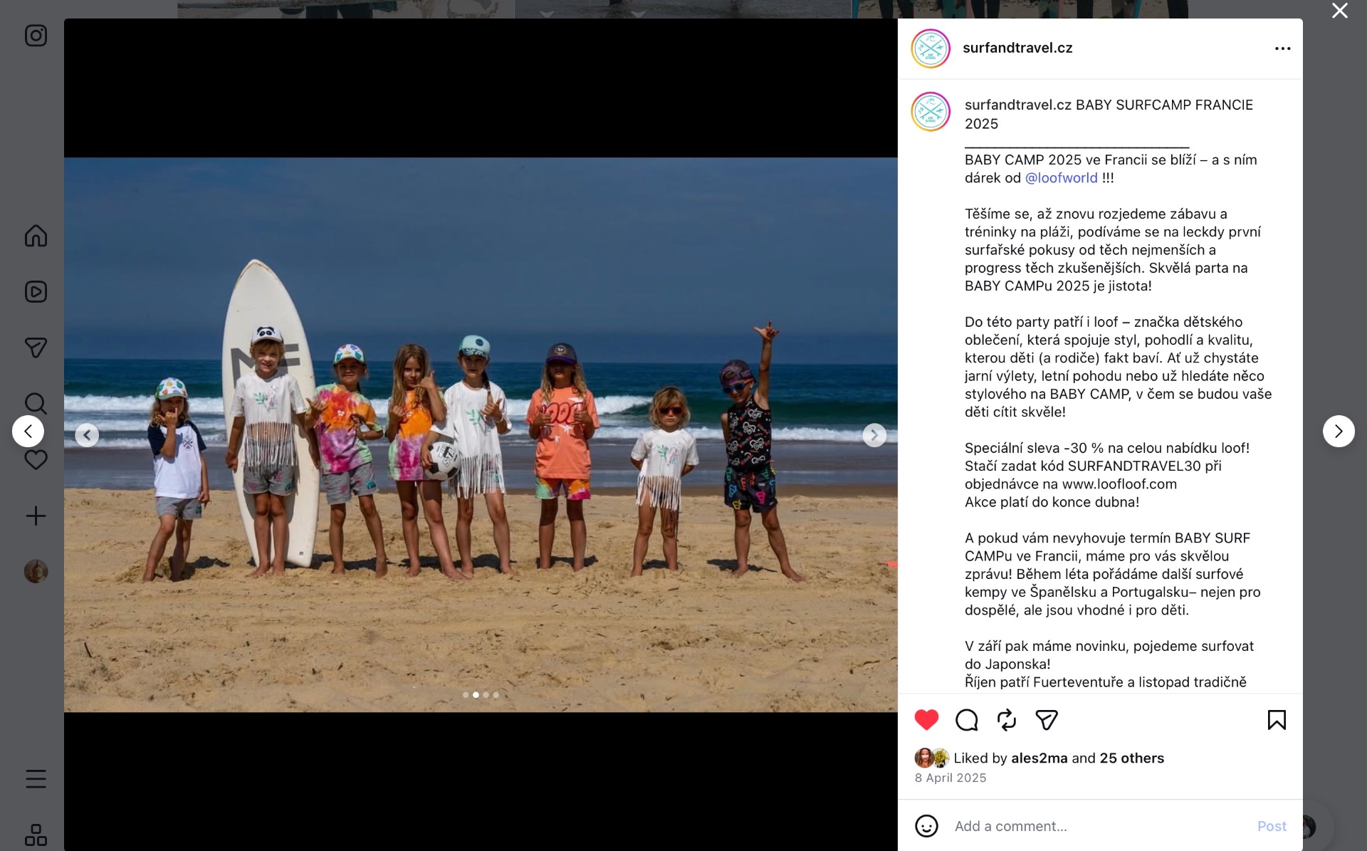 Instagramový příspěvek z pláže během Baby Surfcampu ve Francii