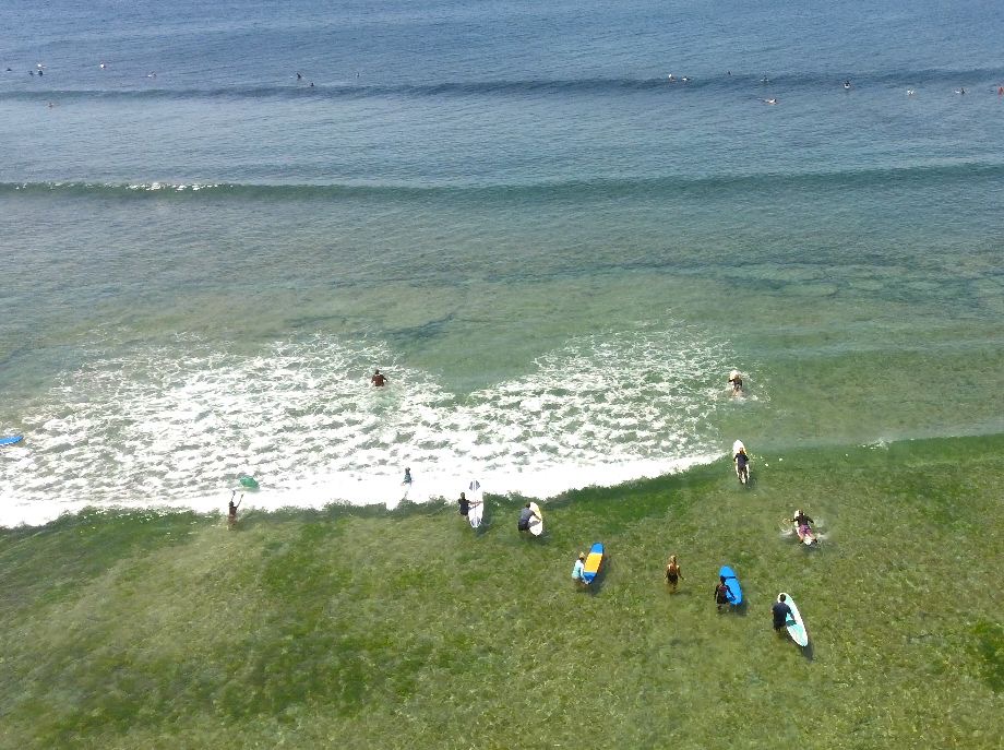 Pohled z výšky na surfaře ve mělčině u pláže