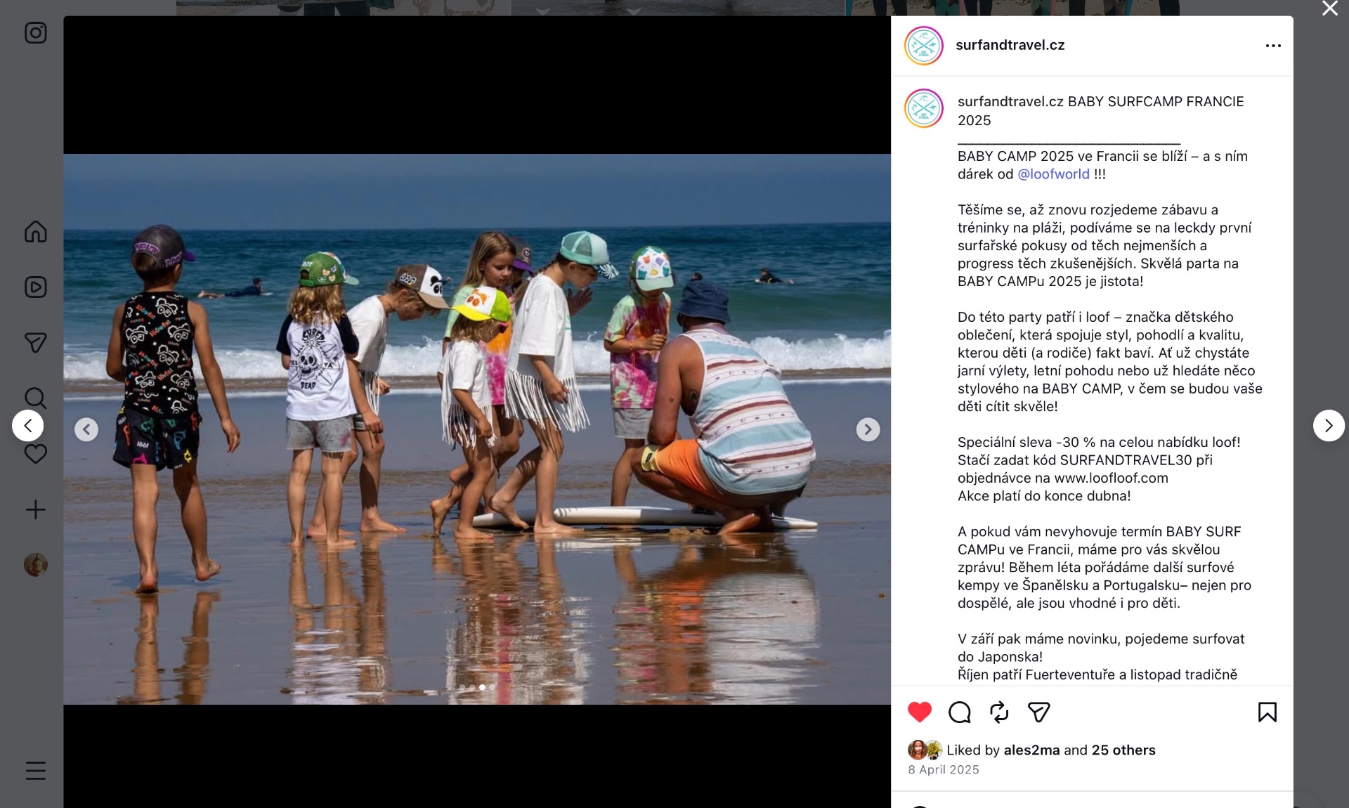 Instagramový příspěvek ze surfového programu dětí ve Francii