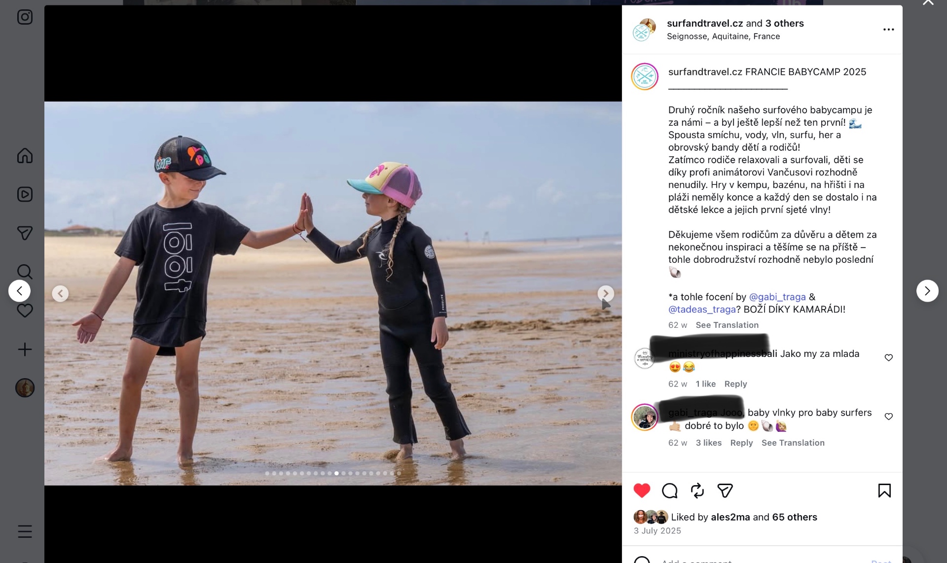 Instagramový příspěvek s dětmi na pláži během spolupráce Loof